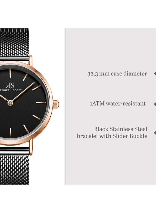 Kenneth Scott black Women's Stainless Steel Analog Watch K22519-KMBB - 32.3 mm for Women | Best Price UAE